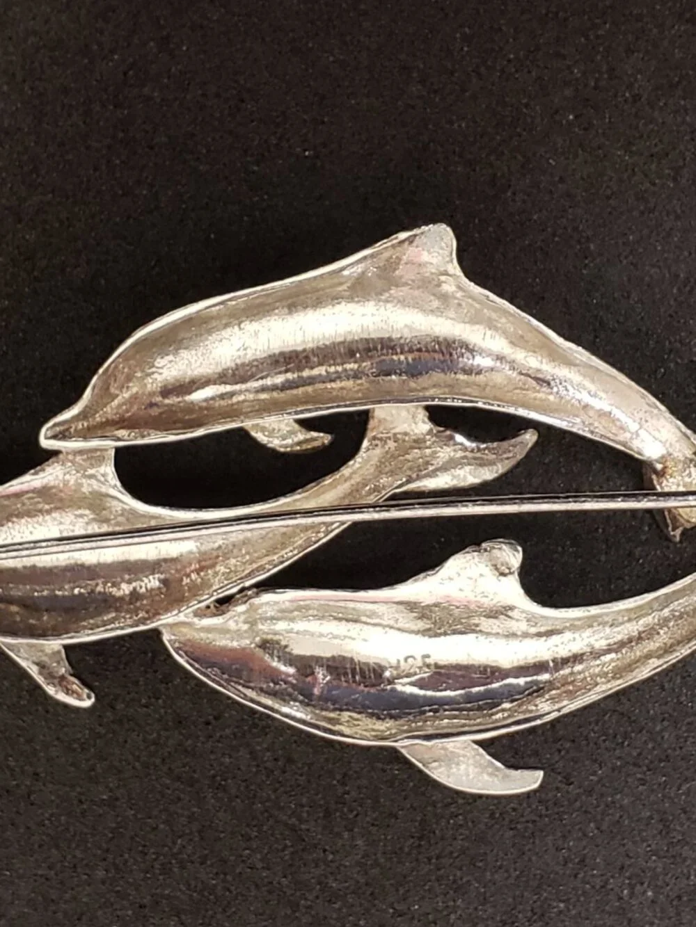 Vintage Sterling Silver 3D Three Dolphin Swimming Ocean Estate Pin Brooch